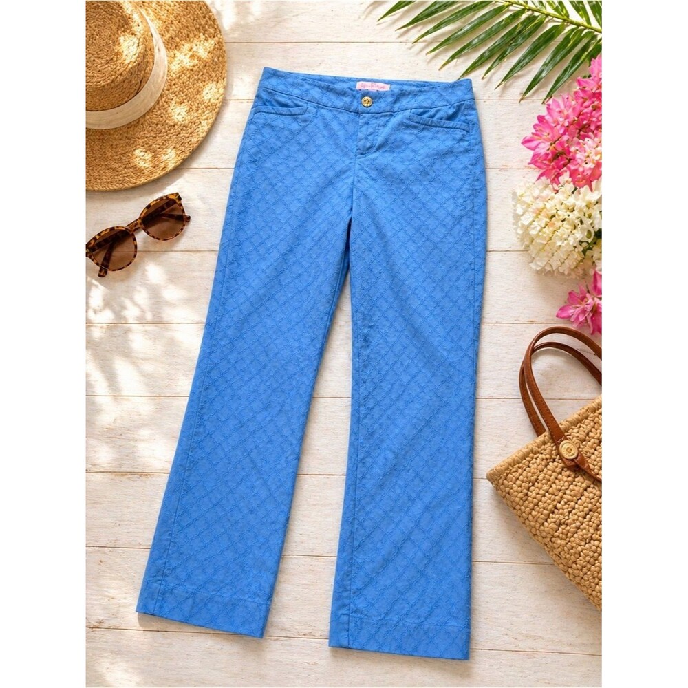 Lilly Pulitzer Sky Blue Embroidered Pants with Gold Button